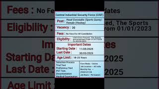CISF HC Sports Quota Vacancy Online Form | CISF Head constable Vacancy | CISF Game Vacancy 2025 |