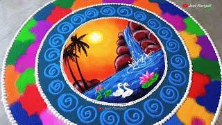 Beautiful scenery rangoli with multicolored design for Diwali. दिवाली के लिए आकर्षक रंगोली।