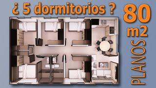 Casa de 80 m2. Plano de vivenda con 5 dormitorios, 2 baños, sala, comedor y cocina Build home design