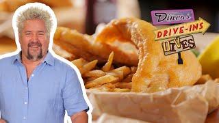 Guy Fieri Eats Beer-Battered SALMON Fish and Chips | Diners, Drive-Ins and Dives | Food Network