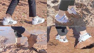 White ADIDAS SUPERSTAR sneakers and white socks wet and muddy(124)(Full video 36m 50s)