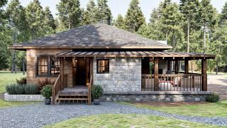 29'x29' (9x9m) Charming Small House Designs: Embracing Wood and Stone