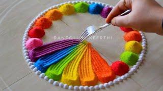 Simple rangoli using fork for diwali l easy rangoli designs with colours l Rangoli by Keerthi