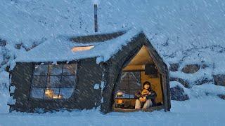 Camping in Heavy Snow with My Dog . Inflatable Hot Tent . Wood Stove ASMR