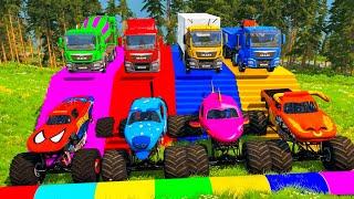 Double Flatbed Trailer Truck vs Speedbumps - 5 Monster Truck vs Stairs Colors - BeamNG Drive