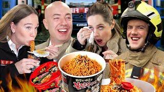 British Firefighters try Korean Fire Noodles for the first time!!