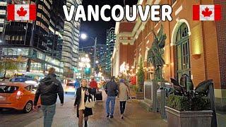  【4K】    Downtown Vancouver BC, Canada. Relaxing  Night Walk. Beautiful Autumn.