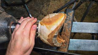 ASMR Woodturning: Transforming Rough Wood Into Centerpiece Bowl - Silent Workshop Craftmanship