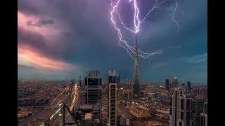 The moment of the lightning strike to Milad Tower of Tehran, Capital of Iran