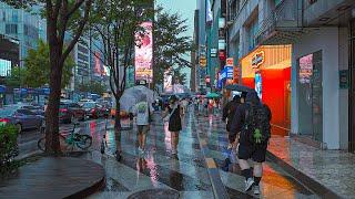 Walk in the Rain Gangnam Street Seoul and Ambience Sounds | Travel Korea 4K HDR