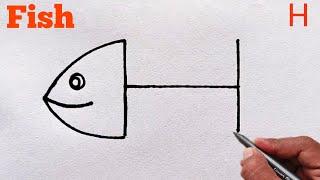 How to draw fish from letter H | Easy Fish drawing Step By Step | मछली का चित्र