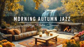 Cozy Coffee Porch Ambience with Autumn Waterfall - Soothing Jazz Music & Fireplace to Work & Relax