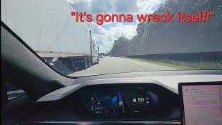 Tesla FSD first try. Almost wrecked immediately.