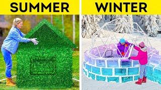 SUMMER HOUSE vs WINTER HOUSE || Huge Backyard Crafts