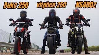 NS400z vs KTM Duke 250 vs Husqvarna Vitpilen 250 Drag Race