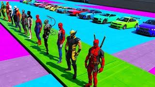 Drag racing MEGA RAMP Stunts GTA V mods Wolverine Deadpool and Spidermans Team BMW M5 G90 mod