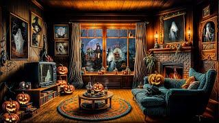 Cozy Haunted House Halloween Ambience with Relaxing Crackling Fireplace & Wind Sounds for Sleeping