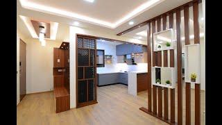 3BHK Interiors with Matt Laminate Finish Kitchen, Lacquered Glass wardrobe, Philips Hue Lighting