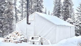 -30C WINTER CAMPING ALONE in a HOT TENT *HEAVY SNOWFALL BLIZZARD*