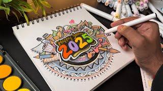 Happy New Year Drawing, 2025,  Doodle Art,  Mandela Art 