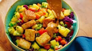 Mango “Burrito” Bowls with Crispy Tofu and Peanut Sauce