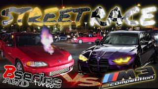 Bseries turbo AWD civic coupe vs BMW M3 competition STREET RACE Honda power