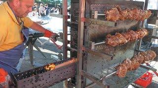 Germany Street Food. Roasting Pork Knuckles and Huge Ribs