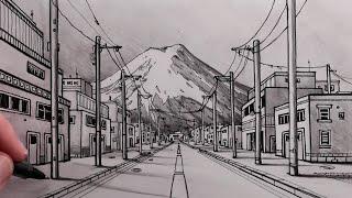 How to Draw a Road in One-Point Perspective and Street View of Mt. Fuji: Fast