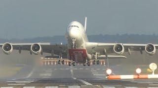 60 MINUTES of CROSSWIND LANDINGS during a STORM at Düsseldorf - Airbus A380, Dash8, B767 ... (4K)