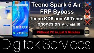 Tecno Spark 5 Air KD6 FRP Bypass NO PC and All Tecno on Android 10. Comment bypasser Tecno SANS PC?