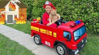 Firefighter Max rides a fire truck and helps the Cat