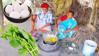 PUI SHAK CURRY and ANDA CURRY cooking & eating by our santali tribe grandmaa