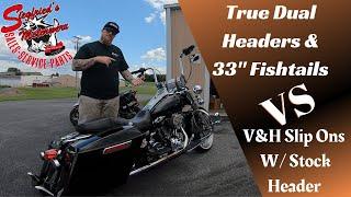 True Dual Fishtails VS V&H Slip Ons!  Road King TWIN CAM exhaust comparison!