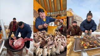 Mongolian Enke cooks and eats meat outdoors in winter! #camping #cooking #village