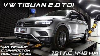 Чип-тюнинг VW Tiguan 2.0 TDI уровня Stage 1 с замерами на мощностном стенде в Reborn Technologies.