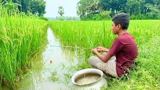 Fishing Videos || Smart Boy Applying New Technique Useing Bamboo Tools Hook In The Paddy field Water