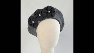 Charcoal Grey Beret with Ribbon Rosettes and Pearls