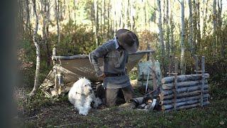 Solo Bushcraft Shelter Build & Camping in the Cold - Beaver Meat, Bough & Wool Bed, Traditional Gear