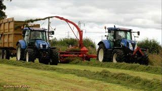 Silage with Trailed Forage Harvester and New Holland Tractors.Raking with Small New Holland Also.