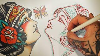 How to SKETCH a girl face [Traditional Tattoo Design]