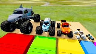 Big Megalodon vs Medium vs Small Monster Trucks with Portal Beamng drive