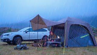 Car Camping in the Rain - Huge Tent. Heavy Rain Storm.