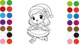 Cute Christmas Girl Drawing for kids, painting and Coloring for kids, toddlers Let's draw together