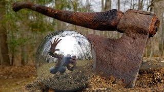 CUTTING OPEN a polished aluminum foil ball - Sawing and chopping 2 aluminium balls.