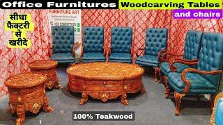 Office furnitures, table and chairs, natural wood polish finish, Handmade woodcarving on teakwood