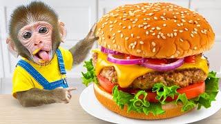 KiKi Monkey eat World's Biggest Hamburger Fast Food at McDonald at 24 Hours | KUDO ANIMAL KIKI