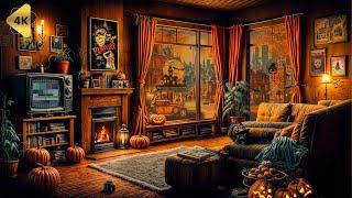 Cozy Autumn Vintage Halloween Ambience w/ Vintage Halloween Fimls, Crackling Fireplace & Rain Sounds