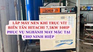 Giao máy nén khí hitachi 7,5kw 10hp biến tần có sấy khí kèm bình chứa 500l về chợ Ninh Hiệp - hn