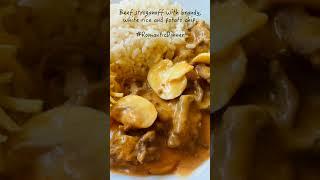 Try My Chow - Beef stroganoff with brandy, white rice and potato chip.