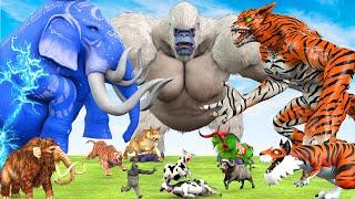 5 Giant Mammoth Elephant Cow vs 5 Giant Lion Tiger vs Hybrid Gorilla Zebra Saved By Woolly Mammoth